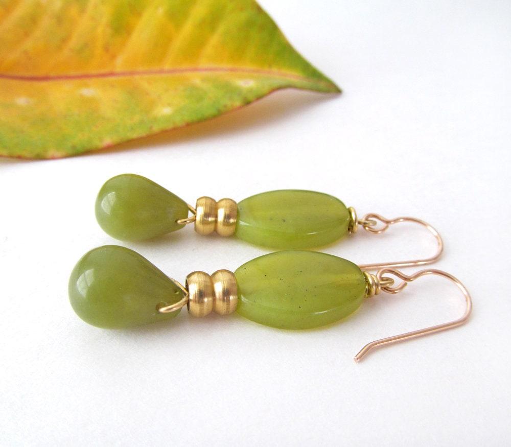 Green Olive Jade Drop Earrings - Modern Gemstone Jewelry