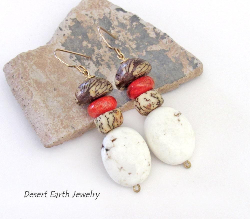 Boho Beaded Dangle Earrings with Red Coral, Magnesite Stones & Buri Nut Beads 