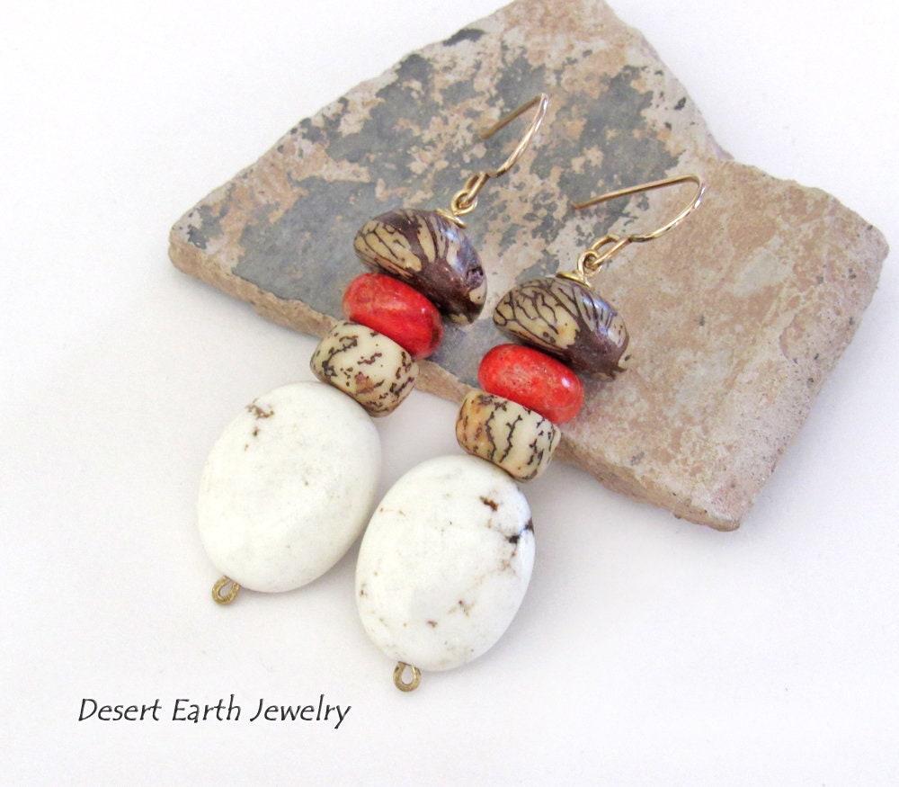 Boho Beaded Dangle Earrings with Red Coral, Magnesite Stones & Buri Nut Beads 