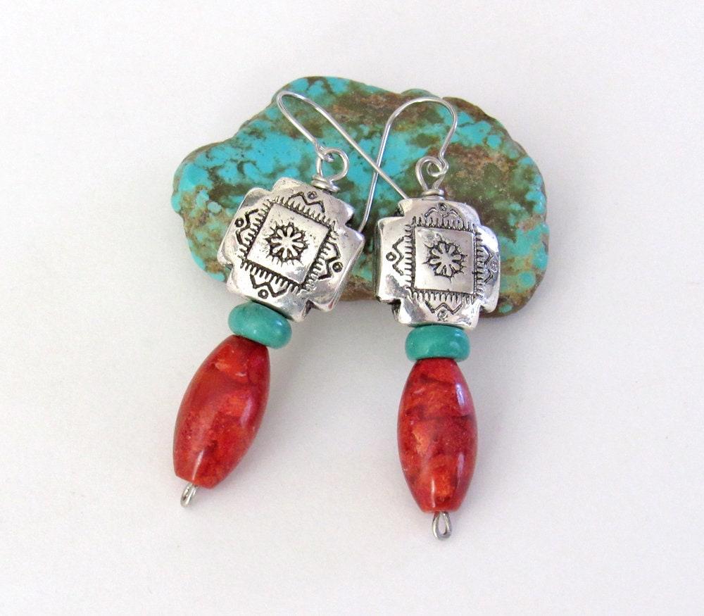 Southwest Silver Tribal Cross Earrings with Turquoise & Red Coral - Native Style Southwestern Jewelry