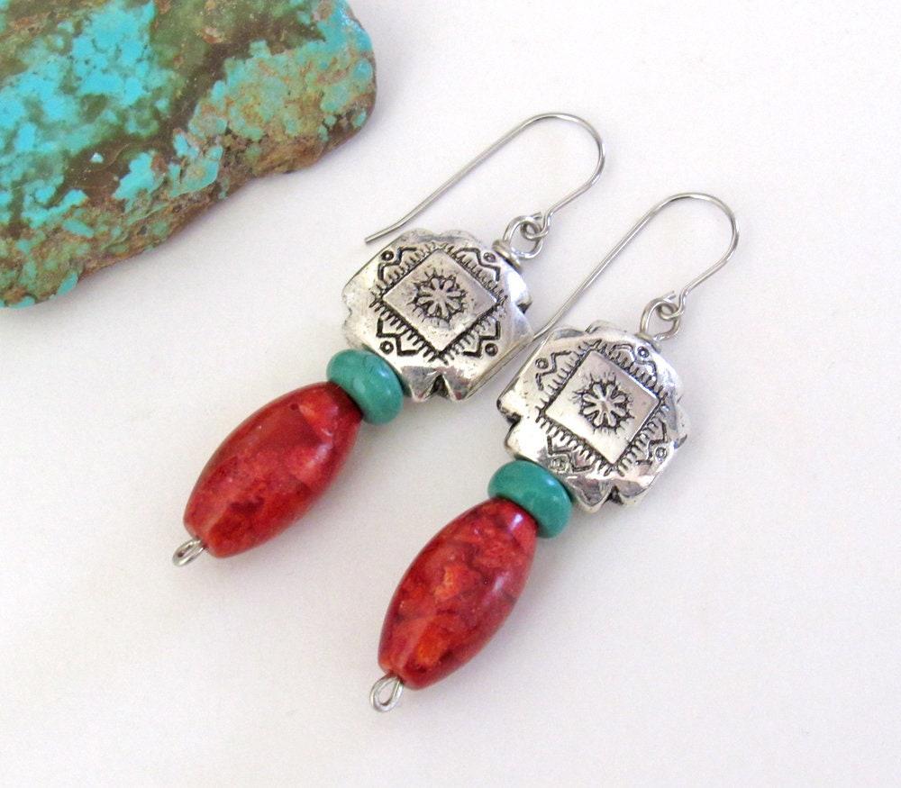 Southwest Silver Tribal Cross Earrings with Turquoise & Red Coral - Native Style Southwestern Jewelry