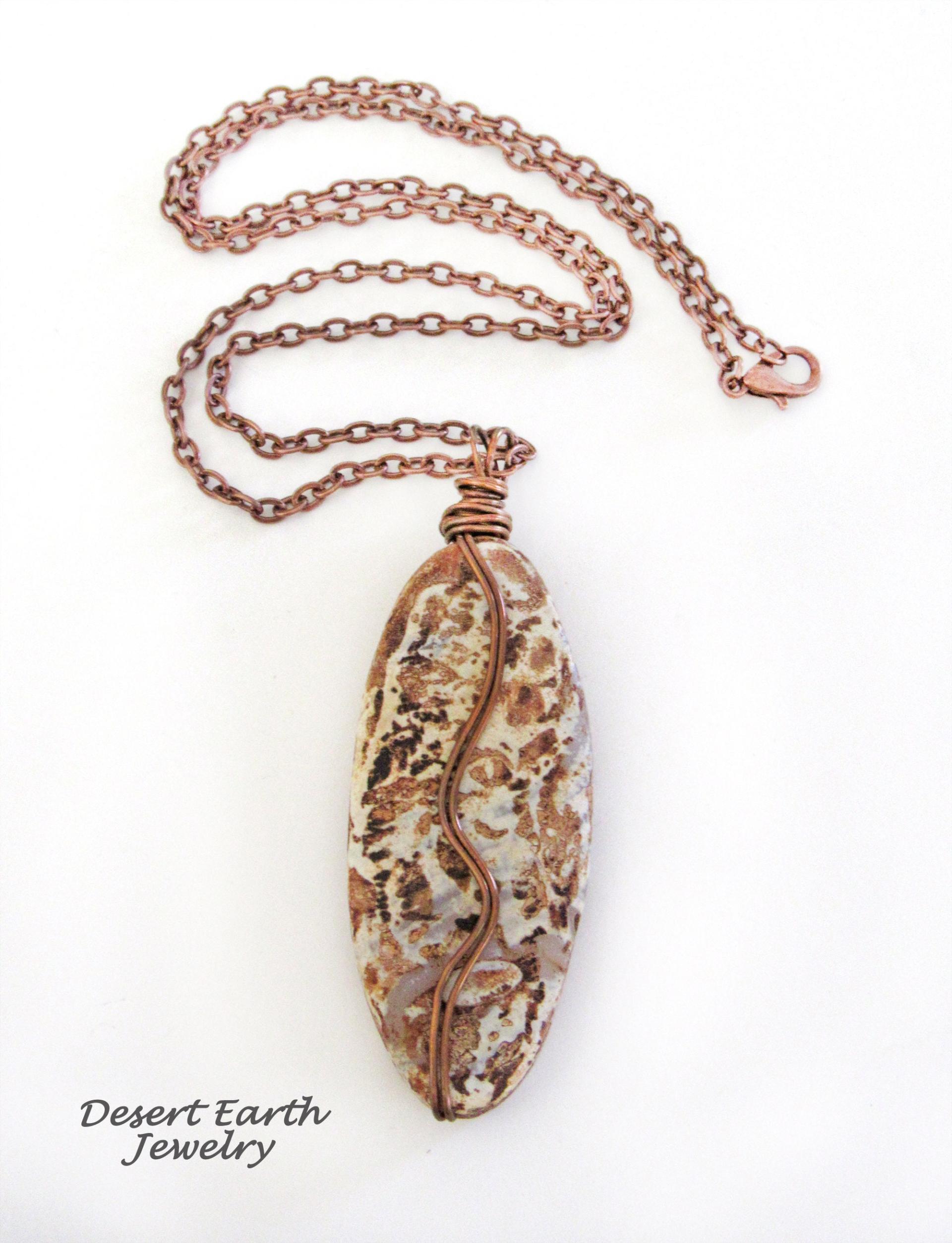 Rusty Brown Agate Stone Necklace with Copper Chain - Earthy Rustic Wire Wrapped Natural Stone Jewelry for Men / Women