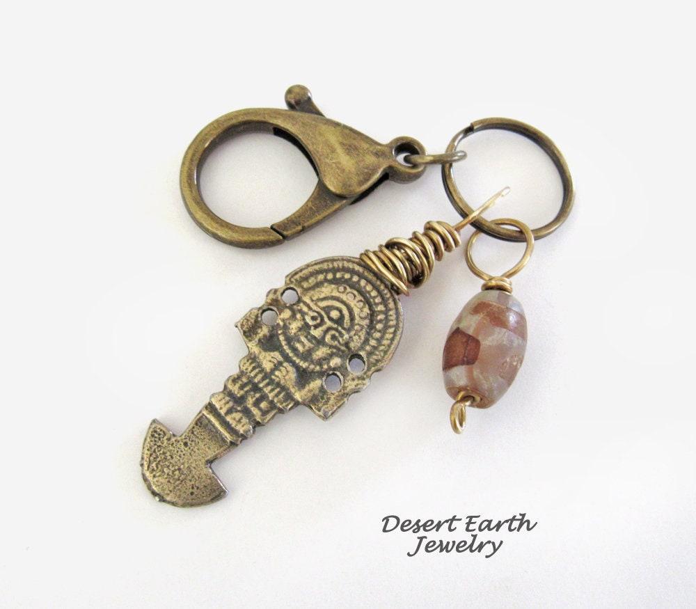 Tribal Goddess Antiqued Brass Key Chain with African Agate Bead Dangle - Purse / Backpack / Bag Charm