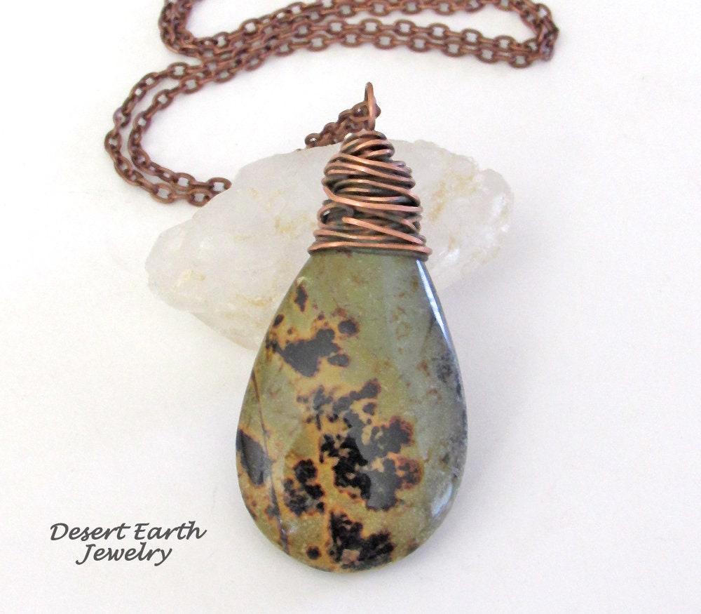 Paintbrush Jasper Pendant Necklace Wire Wrapped in Copper - Rustic Earthy Natural Jasper Stone Jewelry