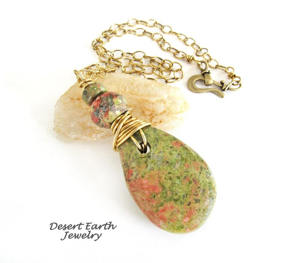 Pink Green Unakite Stone Necklace - Earthy Natural Wire Wrapped Stone Jewelry