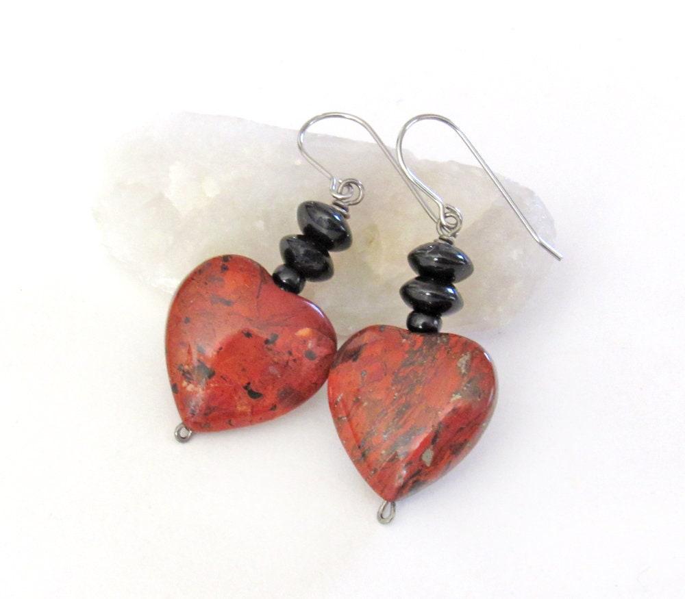 Brecciated Red Jasper Heart Earrings with Black Onyx  Gemstones