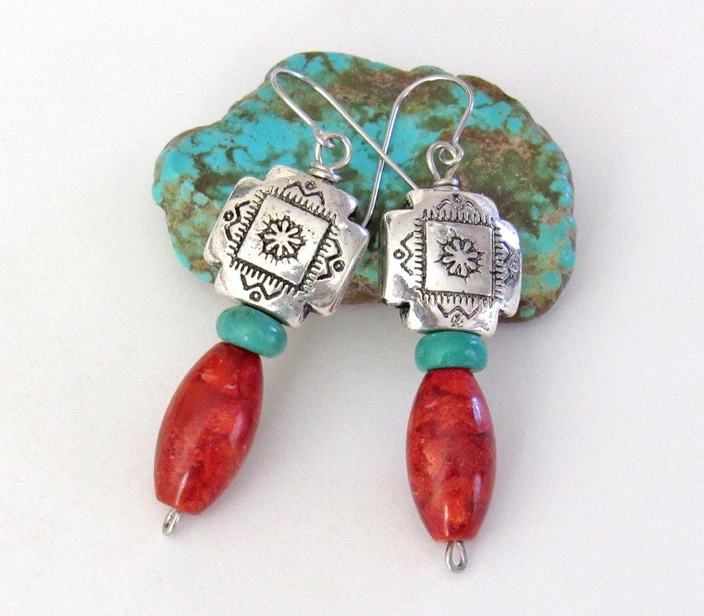 Southwest Silver Tribal Cross Earrings with Turquoise & Red Coral - Native Style Southwestern Jewelry