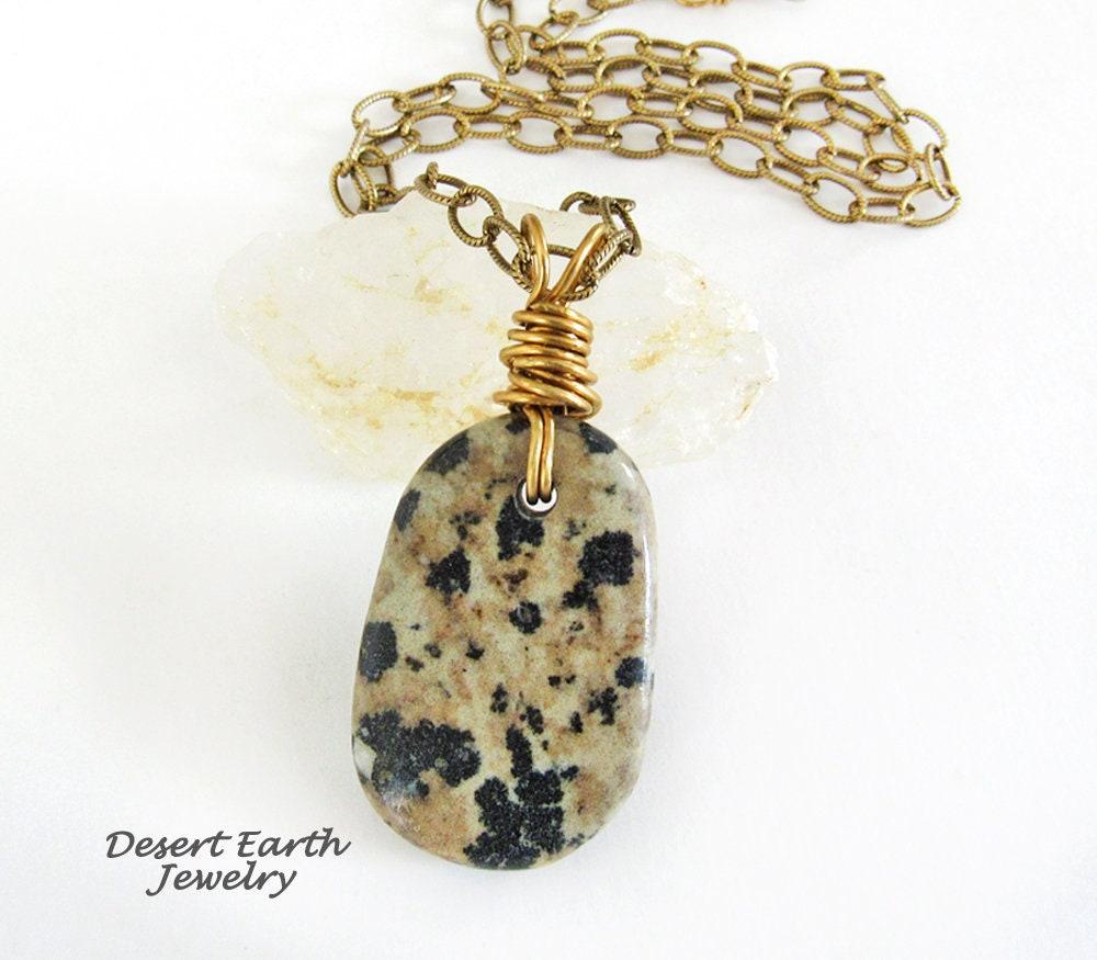 Dalmatian Jasper Stone Pendant with Brass Chain Necklace - Earthy Natural Wire Wrapped Stone Jewelry