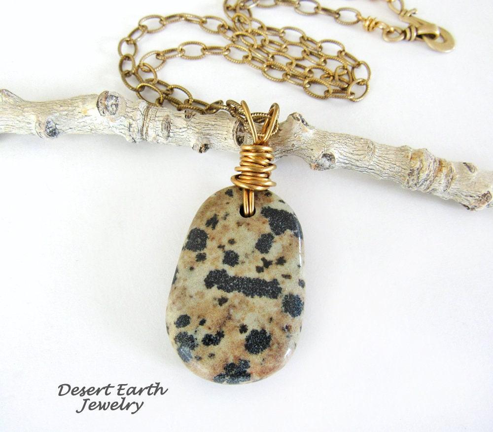 Dalmatian Jasper Stone Pendant with Brass Chain Necklace - Earthy Natural Wire Wrapped Stone Jewelry