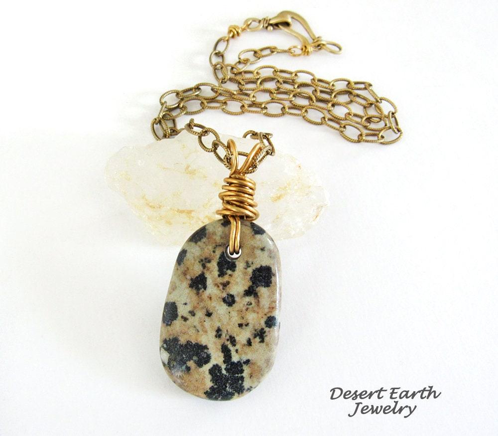 Dalmatian Jasper Stone Pendant with Brass Chain Necklace - Earthy Natural Wire Wrapped Stone Jewelry