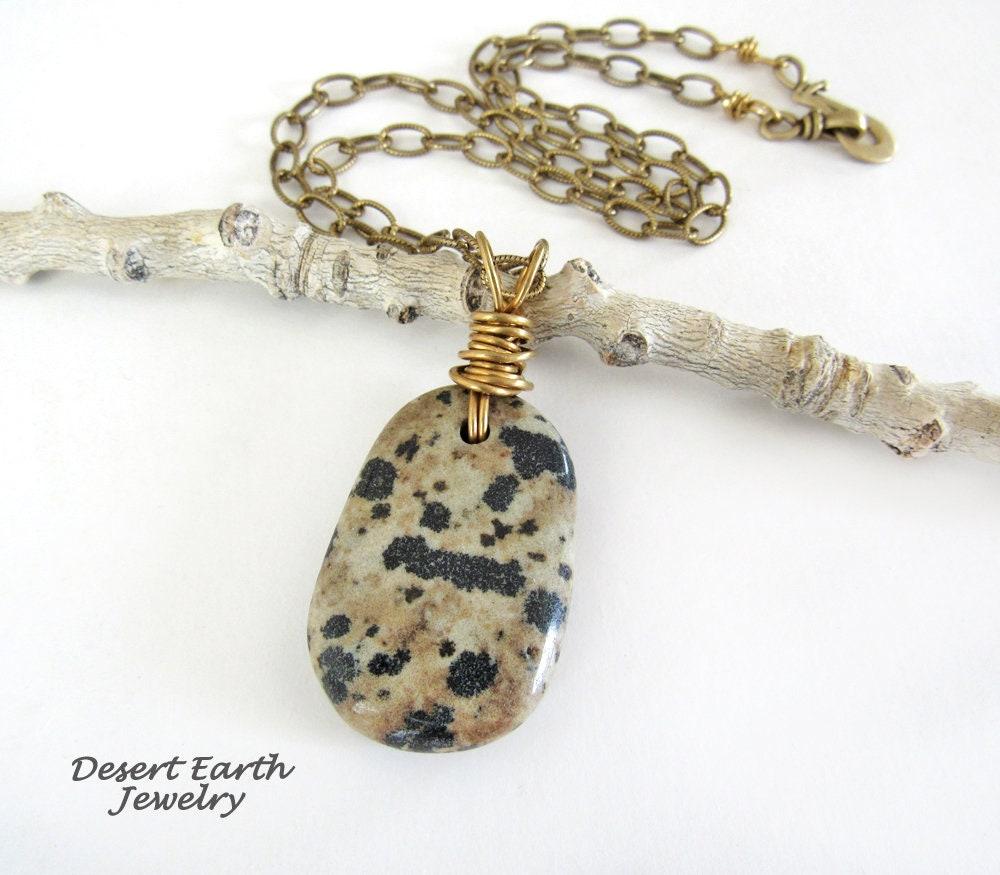 Dalmatian Jasper Stone Pendant with Brass Chain Necklace - Earthy Natural Wire Wrapped Stone Jewelry