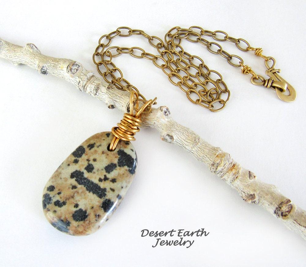 Dalmatian Jasper Stone Pendant with Brass Chain Necklace - Earthy Natural Wire Wrapped Stone Jewelry