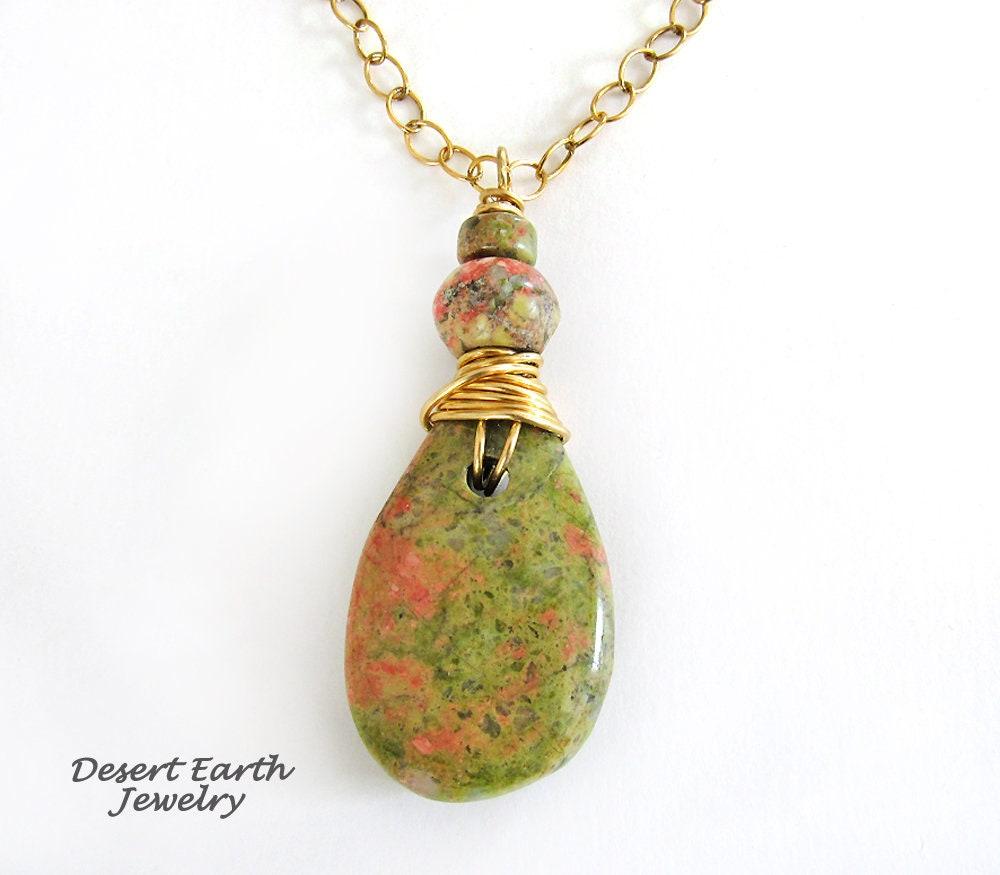 Pink Green Unakite Stone Necklace - Earthy Natural Wire Wrapped Stone Jewelry