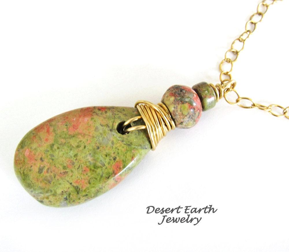 Pink Green Unakite Stone Necklace - Earthy Natural Wire Wrapped Stone Jewelry