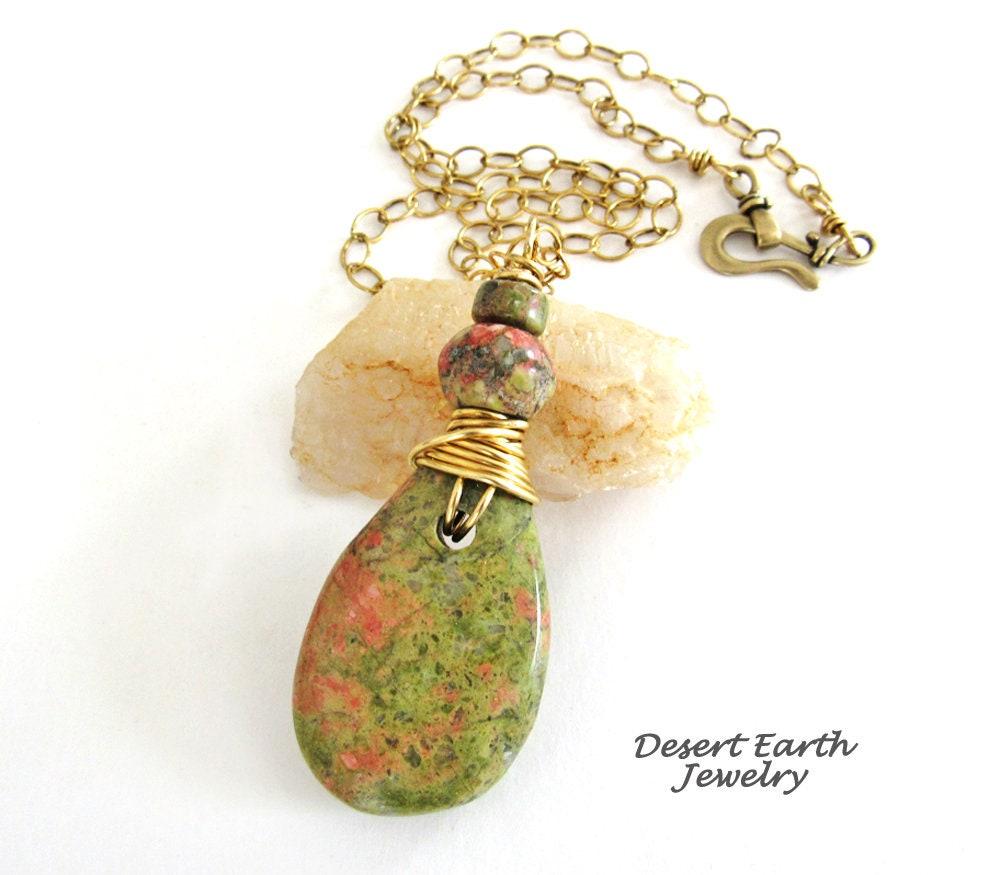 Pink Green Unakite Stone Necklace - Earthy Natural Wire Wrapped Stone Jewelry