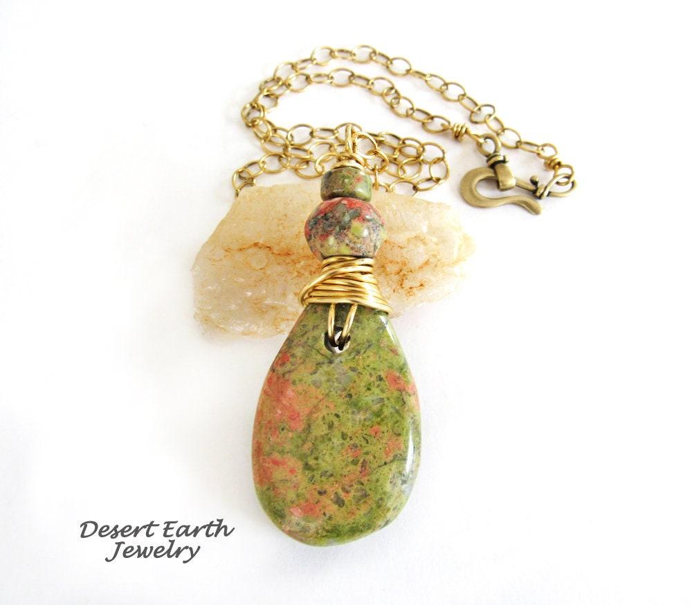 Pink Green Unakite Stone Necklace - Earthy Natural Wire Wrapped Stone Jewelry