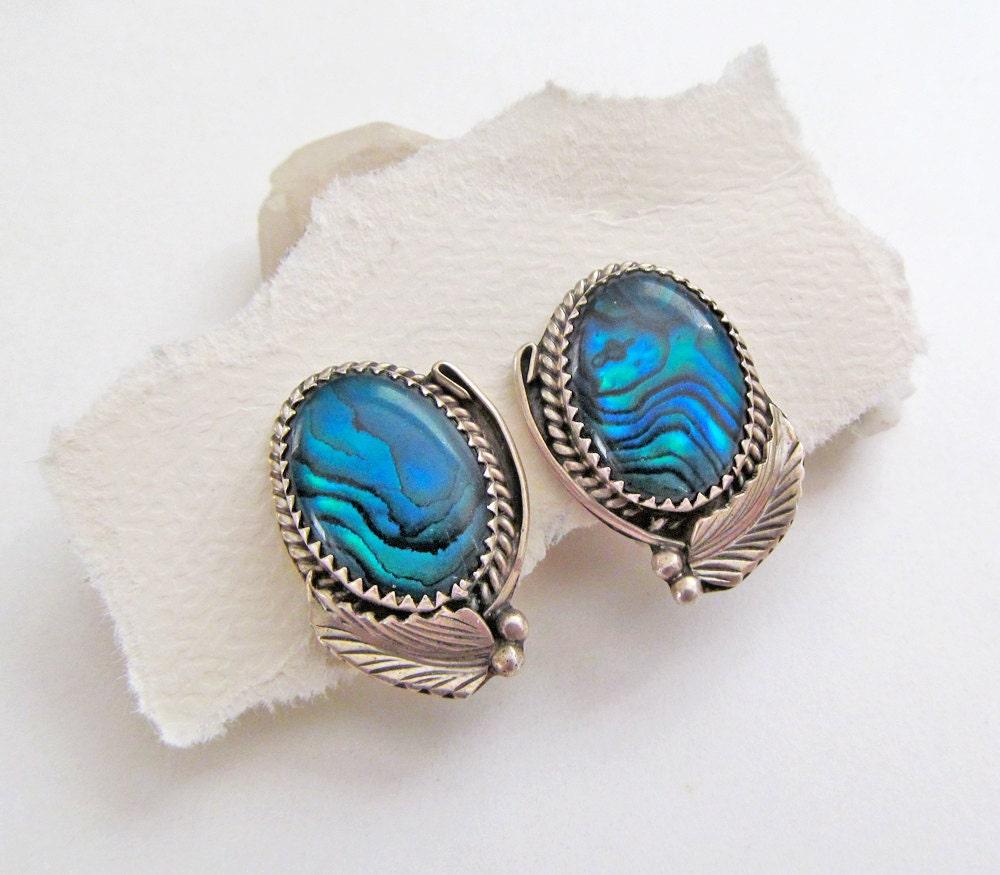 Blue Paua Shell Sterling Silver Clip On Earrings - Vintage Southwestern Jewelry