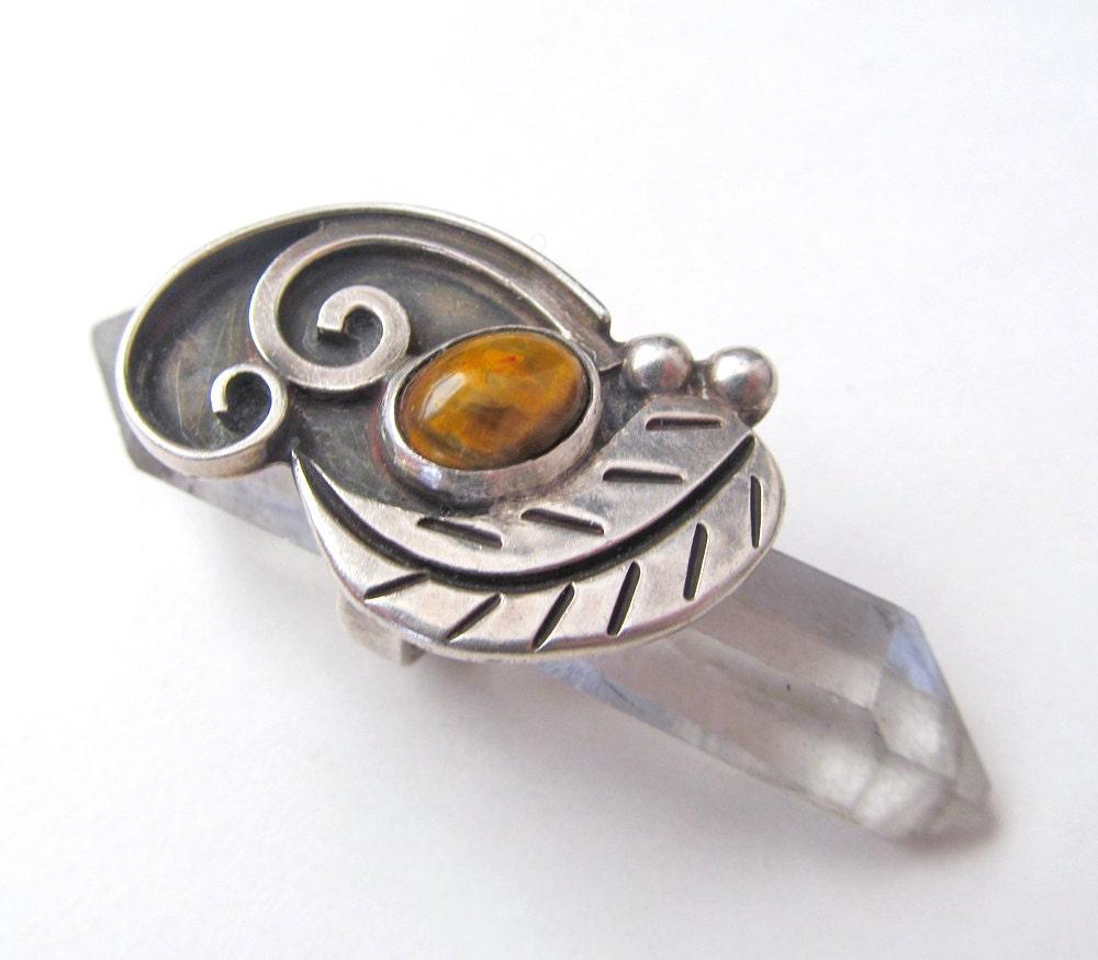 Big Bold Sterling Silver Ring with Brown Tiger;s Eye Stone & Leaf Accents - Unique Avant Garde Vintage Jewelry