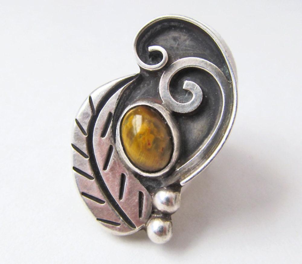 Big Bold Sterling Silver Ring with Brown Tiger;s Eye Stone & Leaf Accents - Unique Avant Garde Vintage Jewelry