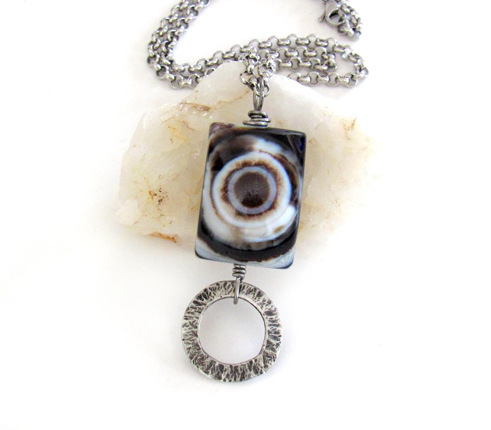 Eye Agate Black White Stone Silver Pewter Necklace - One of a Kind Unique Natural Stone Jewelry