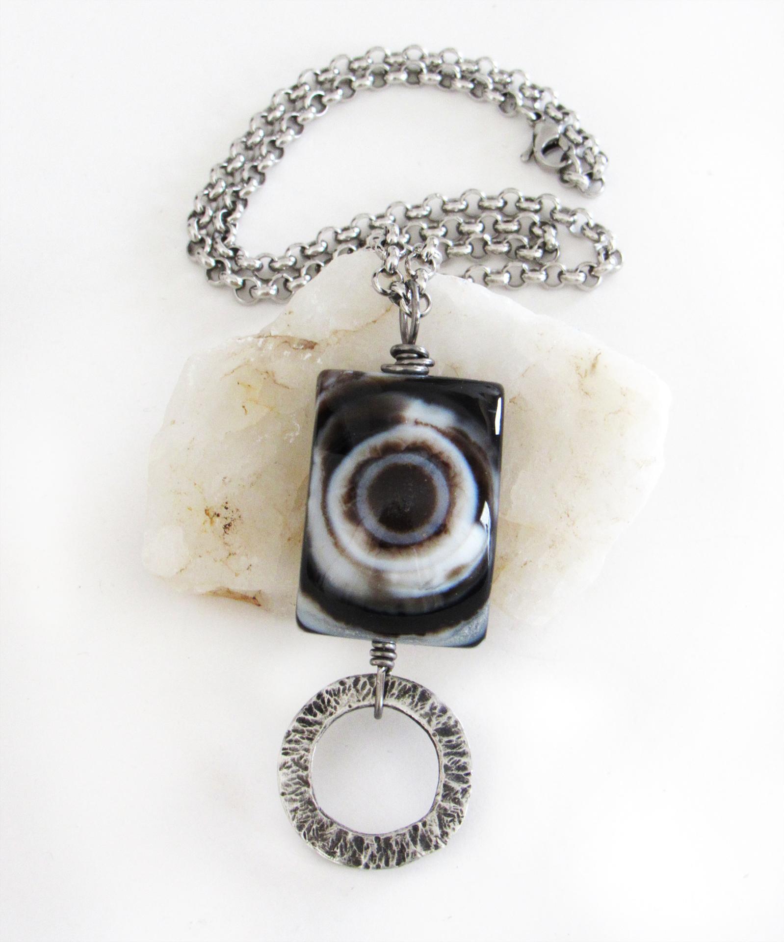 Eye Agate Black White Stone Silver Pewter Necklace - One of a Kind Unique Natural Stone Jewelry