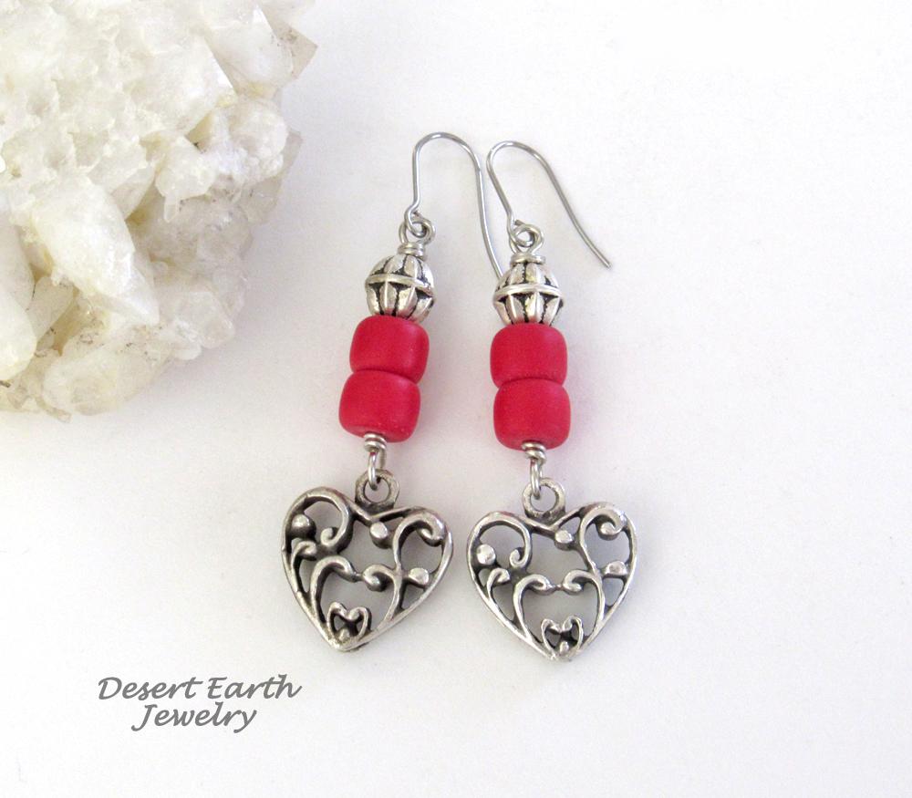 Silver Tone Pewter Filigree Heart Earrings with Red Glass Beads - Valentine's Day Jewelry