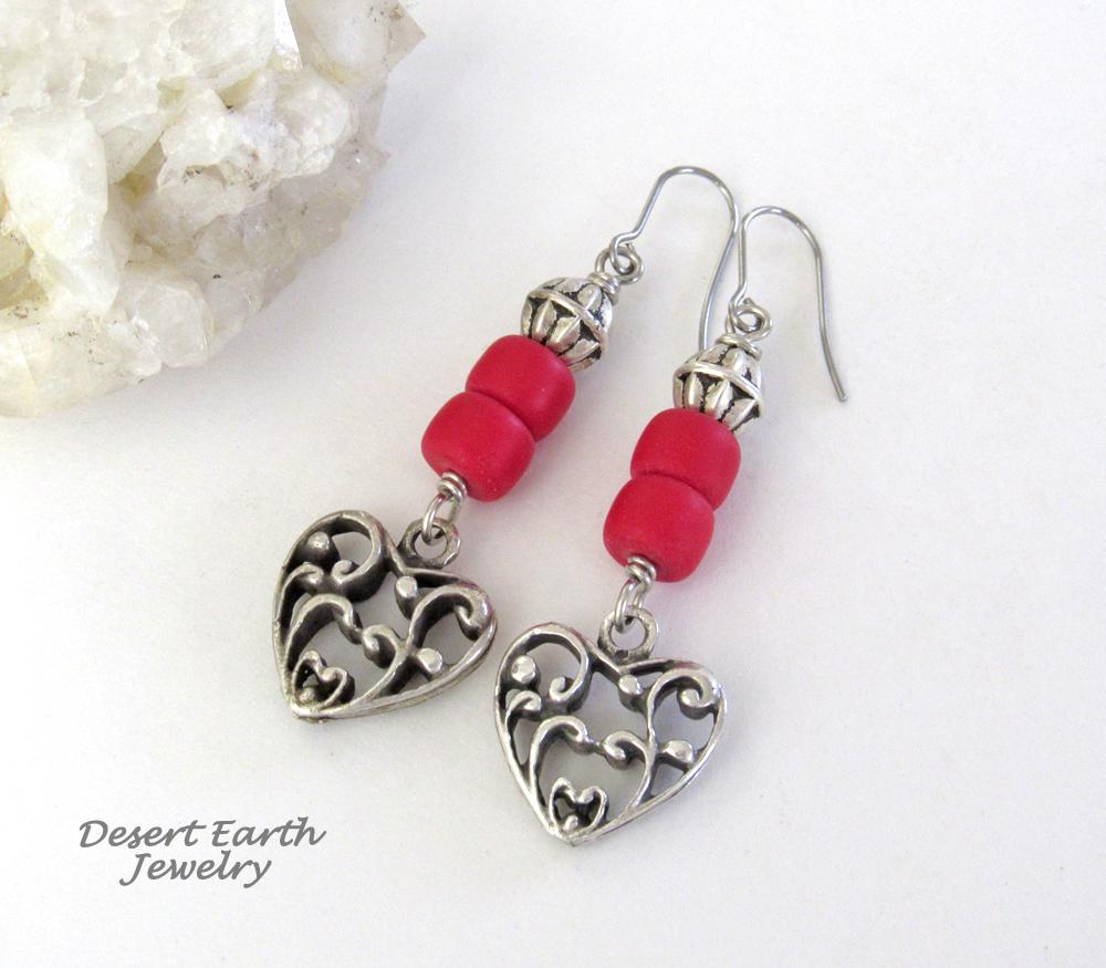 Silver Tone Pewter Filigree Heart Earrings with Red Glass Beads - Valentine's Day Jewelry