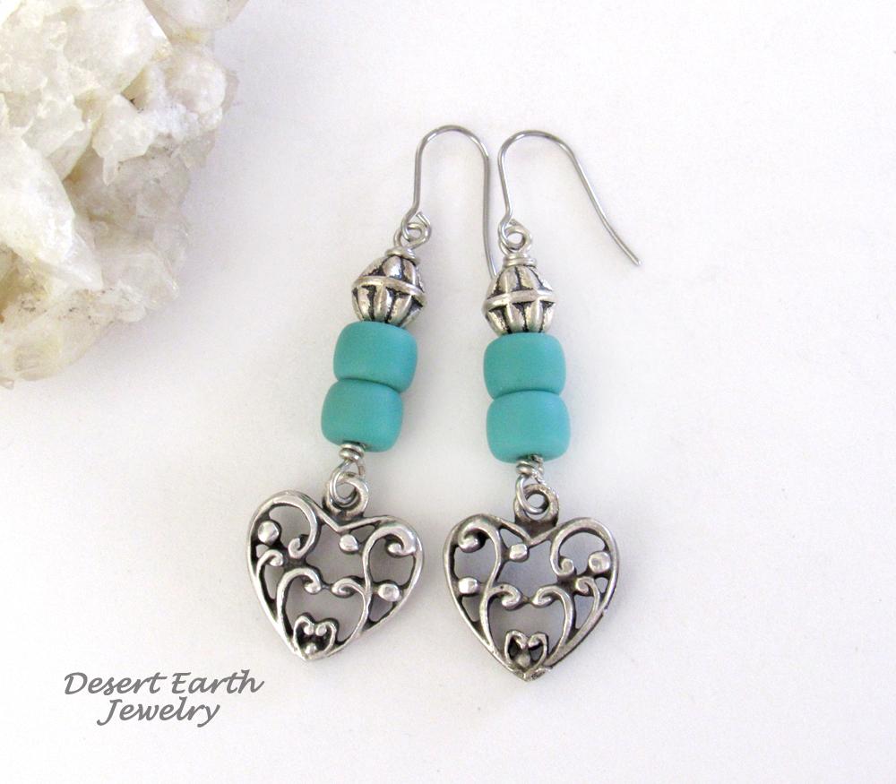 Silver Tone Pewter Filigree Heart Earrings with Turquoise Colored Beads - Romantic Jewelry Gift