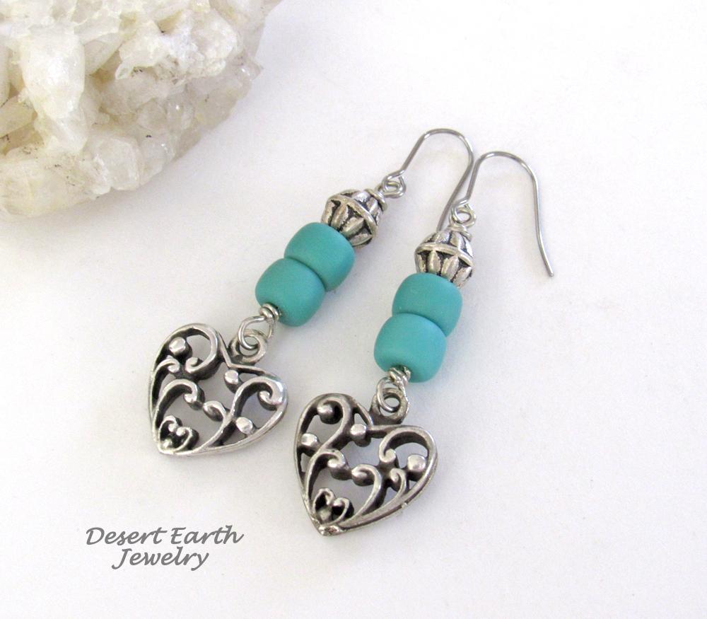 Silver Tone Pewter Filigree Heart Earrings with Turquoise Colored Beads - Romantic Jewelry Gift