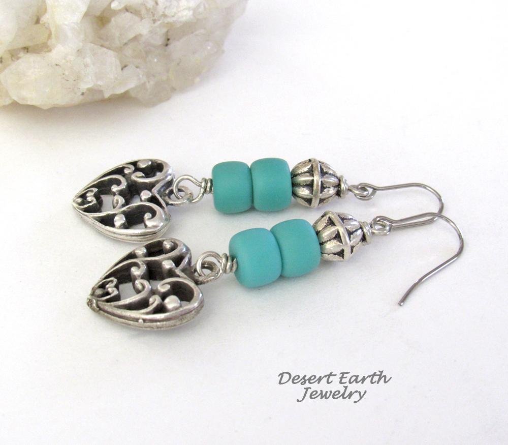 Silver Tone Pewter Filigree Heart Earrings with Turquoise Colored Beads - Romantic Jewelry Gift