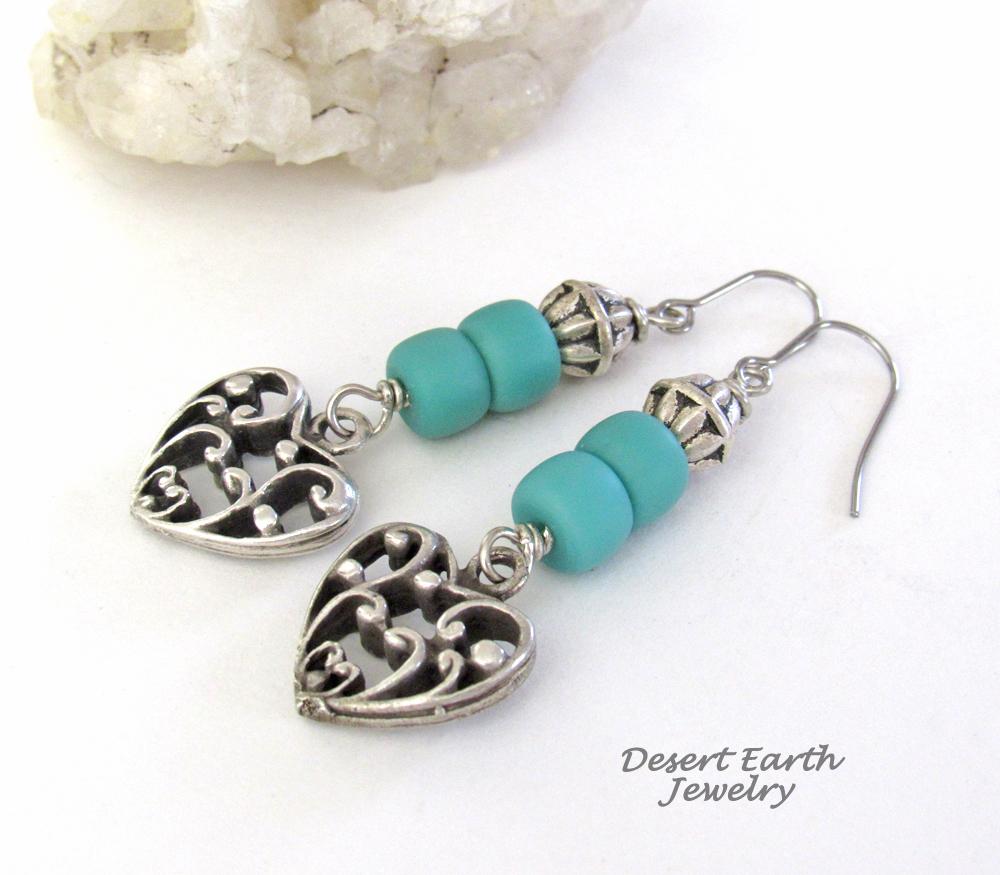 Silver Tone Pewter Filigree Heart Earrings with Turquoise Colored Beads - Romantic Jewelry Gift