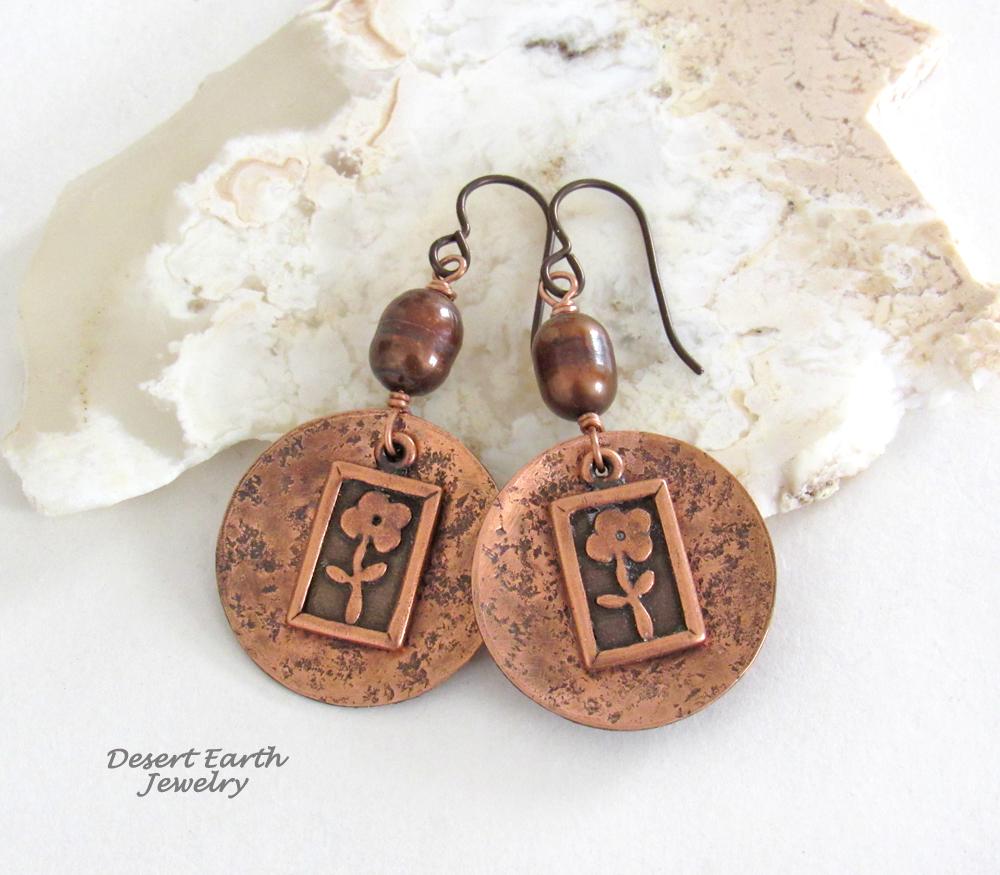 Copper Earrings with Flower Charms & Bronze Freshwater Pearls - Botanical Floral Nature Lover Jewelry Gift