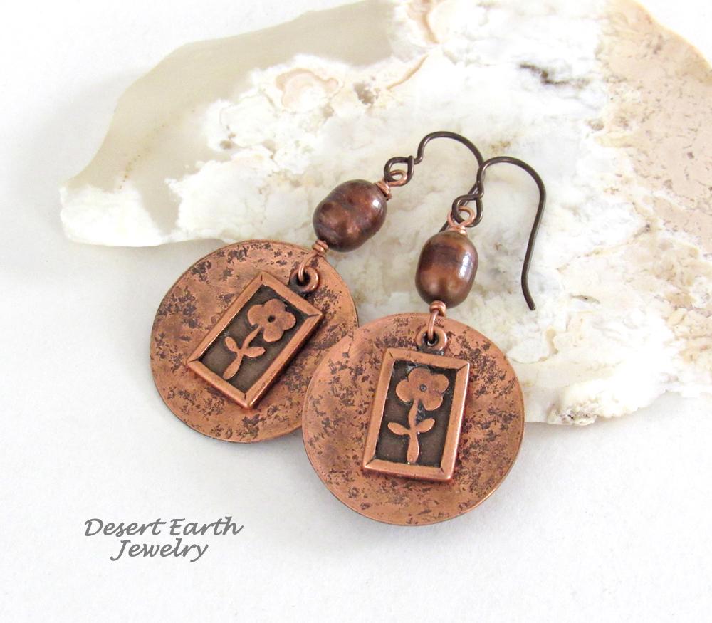 Copper Earrings with Flower Charms & Bronze Freshwater Pearls - Botanical Floral Nature Lover Jewelry Gift