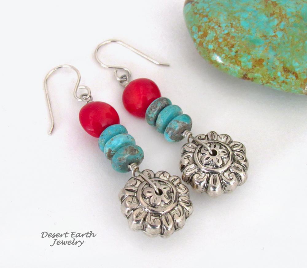 Turquoise & Red Coral Silver Tone Flower Earrings - Bright Colorful Boho Sundance Style Jewelry