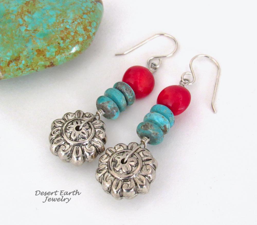 Turquoise & Red Coral Silver Tone Flower Earrings - Bright Colorful Boho Sundance Style Jewelry