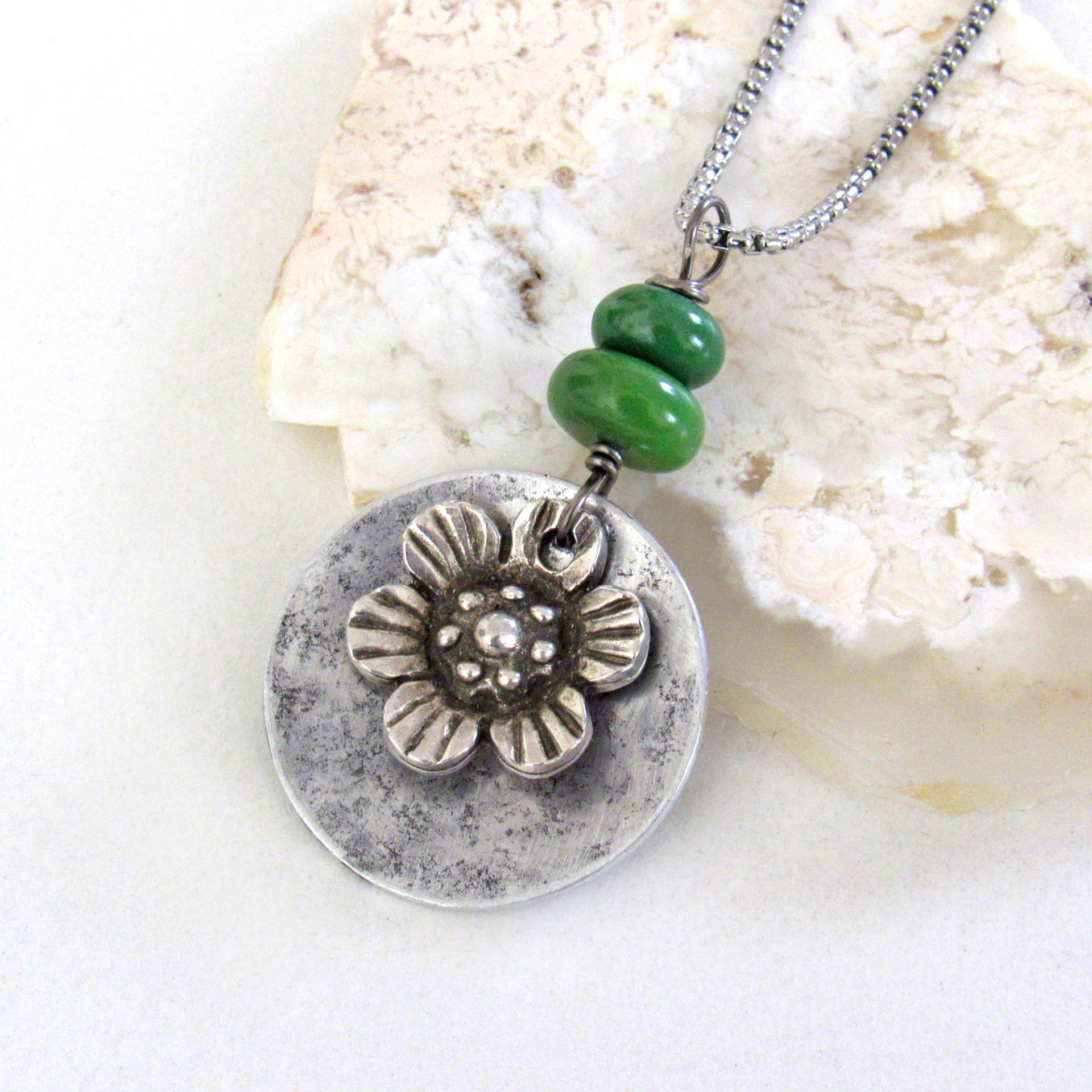 Silver Pewter Flower Pendant with Green Serpentine Gemstones - Unique Nature Jewelry Gifts for Women