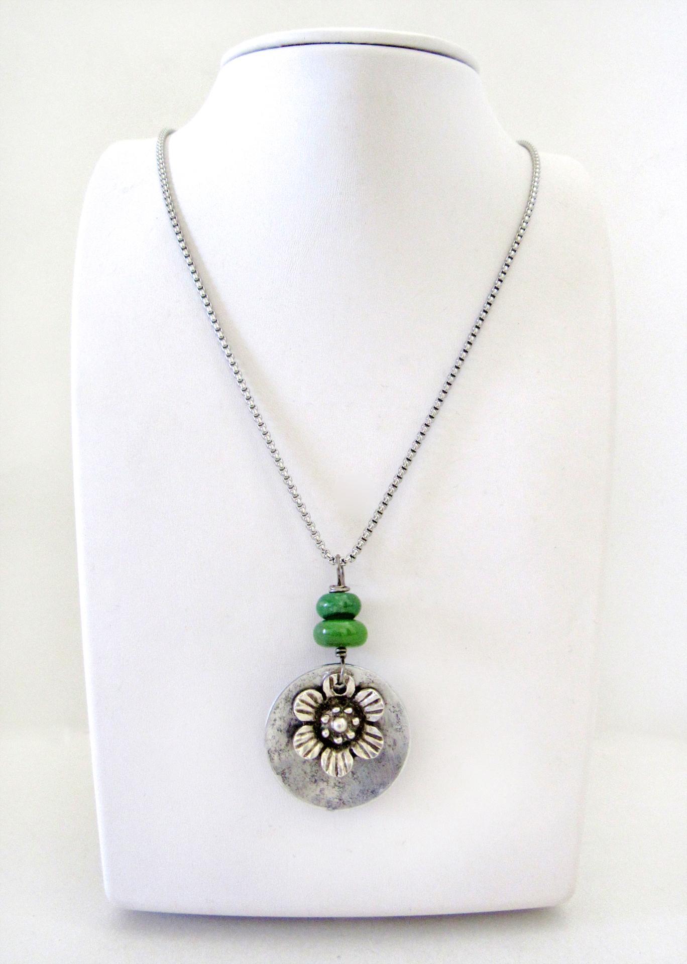 Silver Pewter Flower Pendant with Green Serpentine Gemstones - Unique Nature Jewelry Gifts for Women
