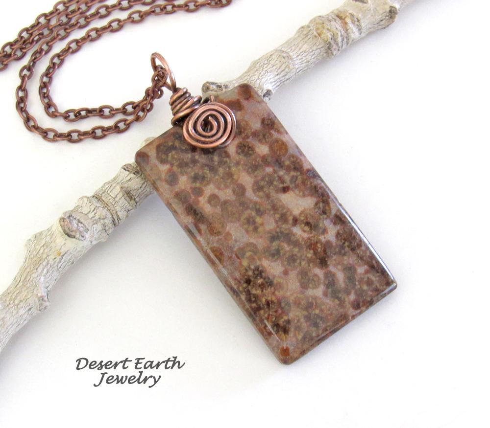 Brown Fossil Jasper Stone Pendant with Copper Chain Necklace - Earthy Natural Stone Jewelry