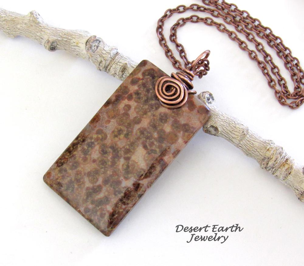 Brown Fossil Jasper Stone Pendant with Copper Chain Necklace - Earthy Natural Stone Jewelry