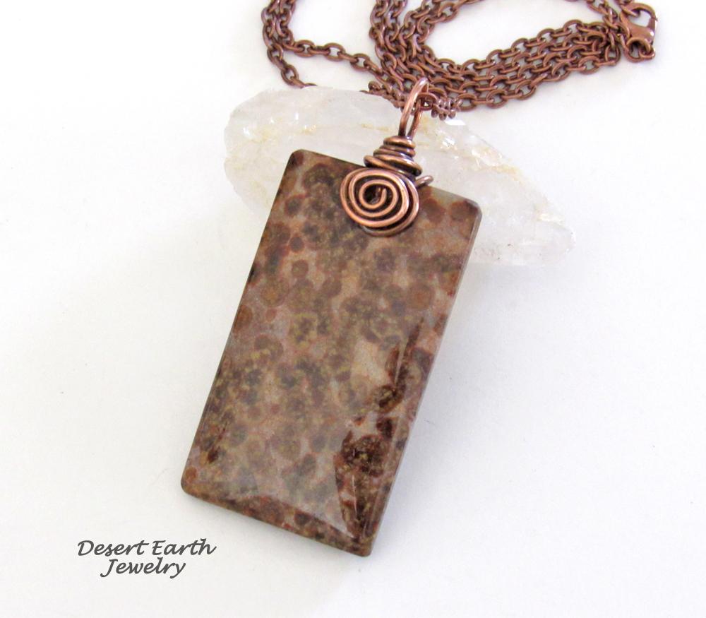 Brown Fossil Jasper Stone Pendant with Copper Chain Necklace - Earthy Natural Stone Jewelry