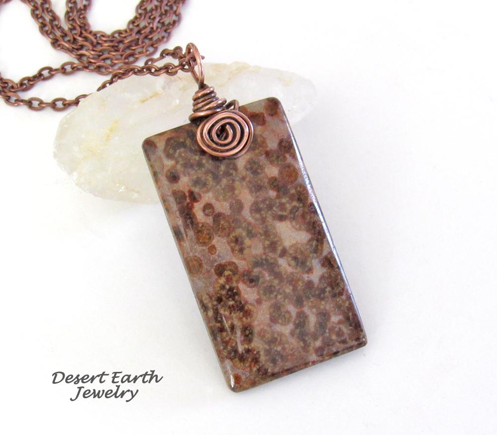 Brown Fossil Jasper Stone Pendant with Copper Chain Necklace - Earthy Natural Stone Jewelry