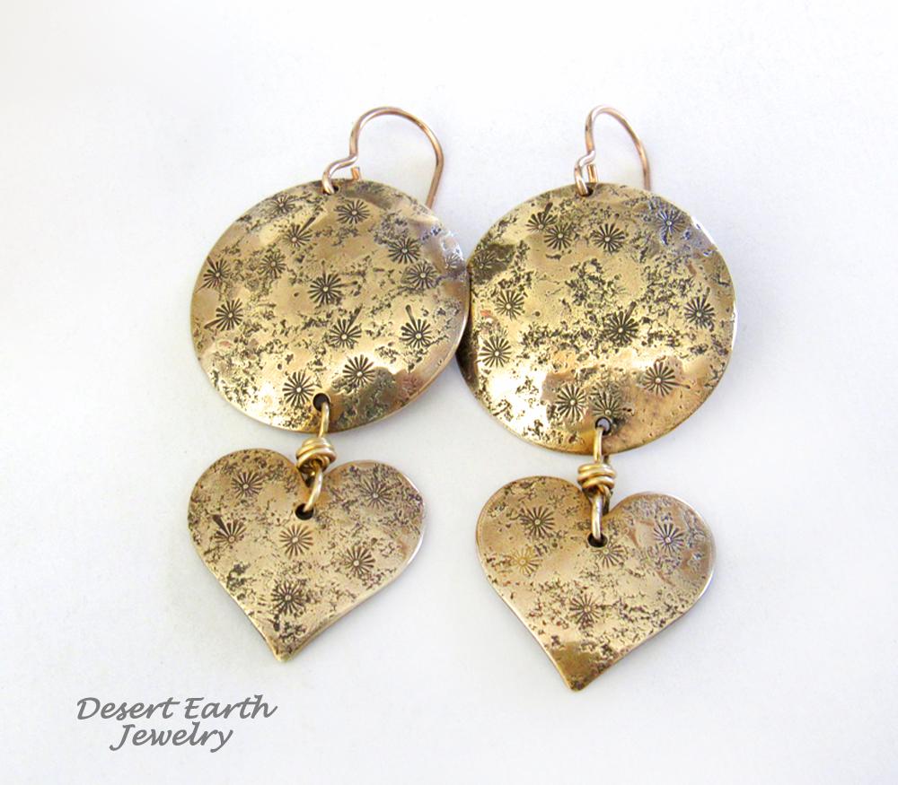 Gold Brass Earrings with Heart Dangles & Hand Stamped Texture - Romantic Jewelry Gifts for Women