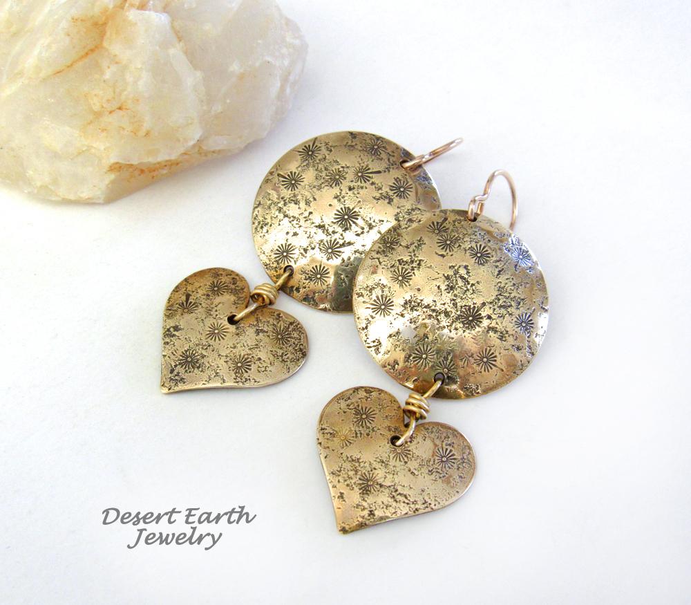 Gold Brass Earrings with Heart Dangles & Hand Stamped Texture - Romantic Jewelry Gifts for Women