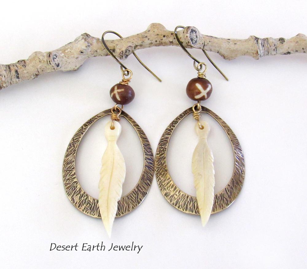 Rustic Textured Brass Hoop Earrings with Bone Feather Dangles and African Batik Bone Beads