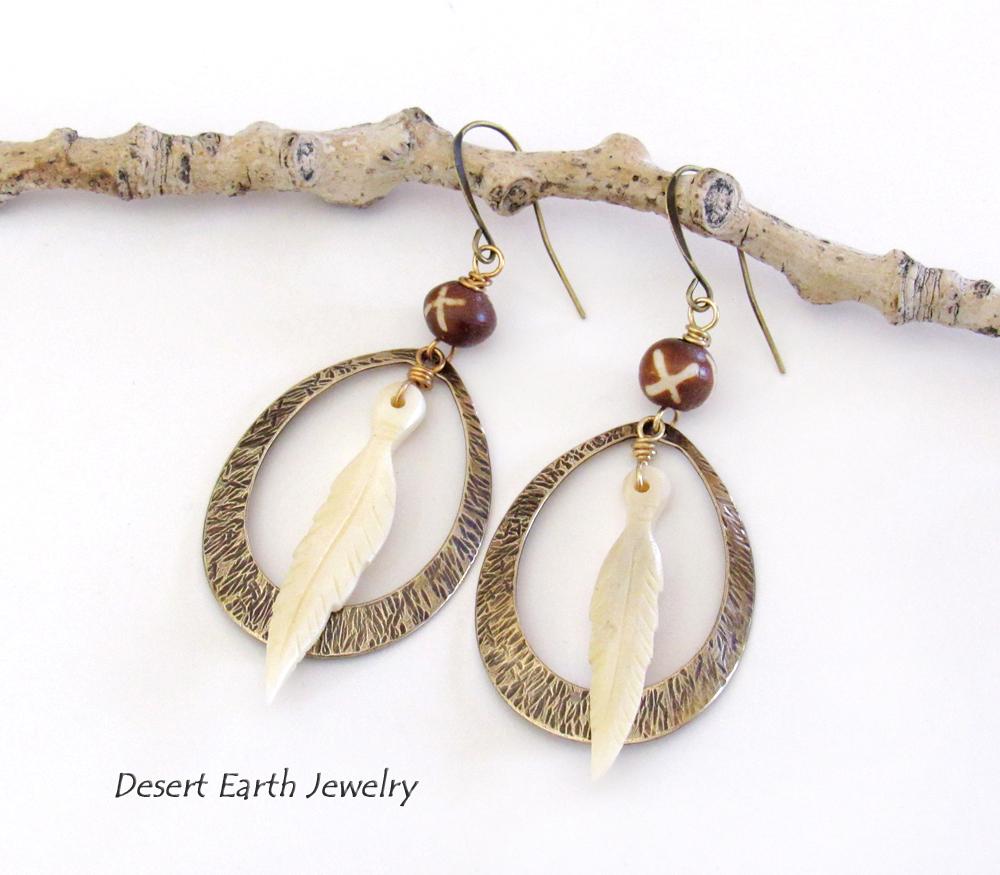 Rustic Textured Brass Hoop Earrings with Bone Feather Dangles and African Batik Bone Beads