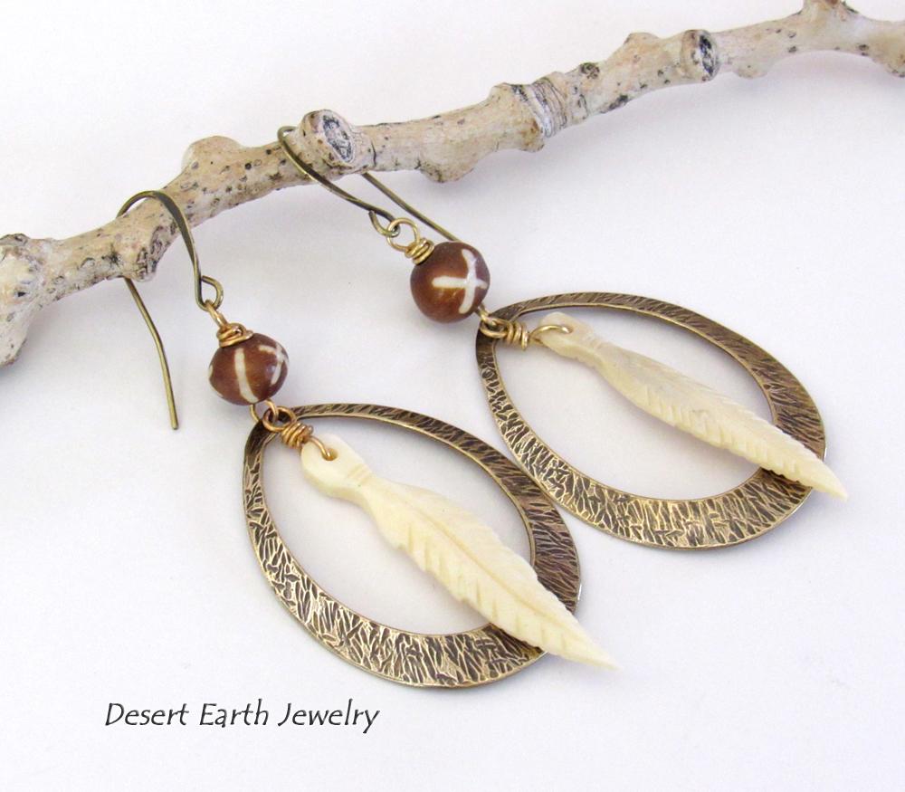 Rustic Textured Brass Hoop Earrings with Bone Feather Dangles and African Batik Bone Beads