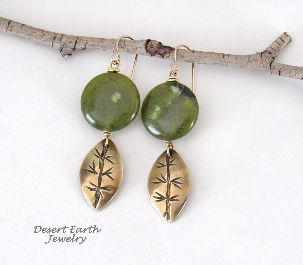 Gold Brass Leaf Dangle Earrings with Green Jade Gemstones - Earthy Nature Jewelry Gifts for Women