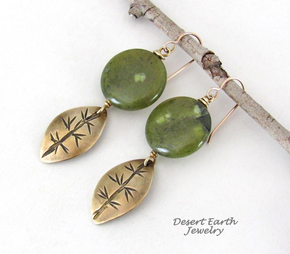 Gold Brass Leaf Dangle Earrings with Green Jade Gemstones - Earthy Nature Jewelry Gifts for Women