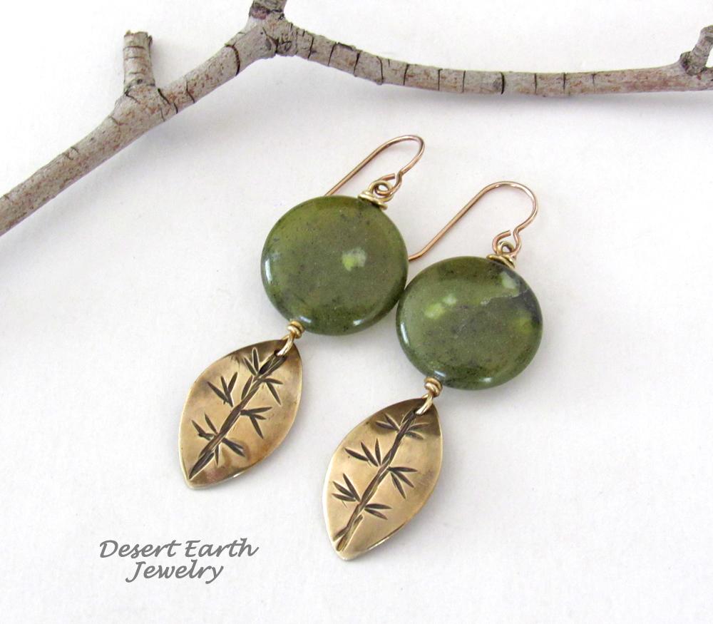 Gold Brass Leaf Dangle Earrings with Green Jade Gemstones - Earthy Nature Jewelry Gifts for Women