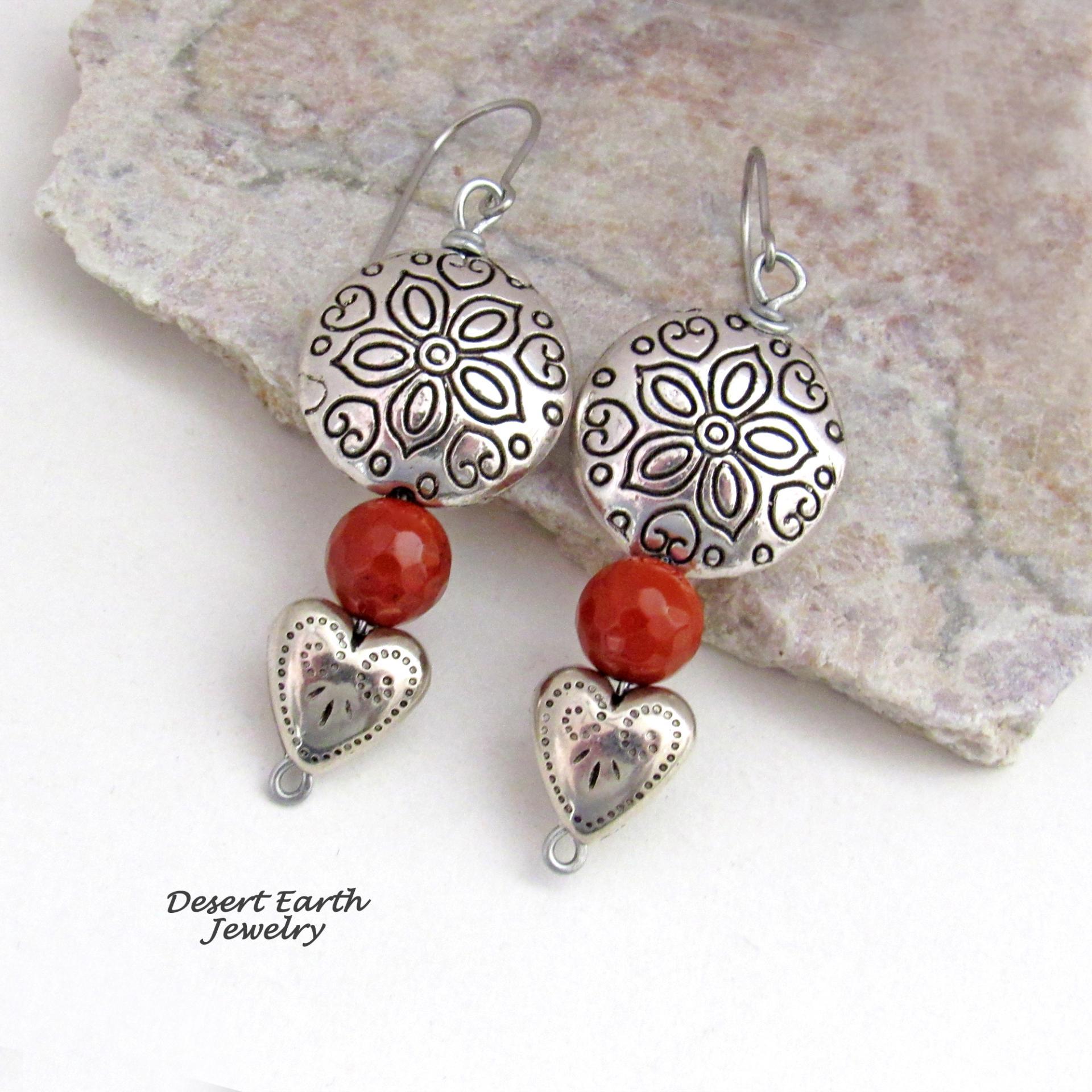 Hearts and Flowers Pewter Earrings with Red Coral and Small Heart Dangles - Unique Valentine Jewelry Gifts for Women - 10th Anniversary Gift for Wife